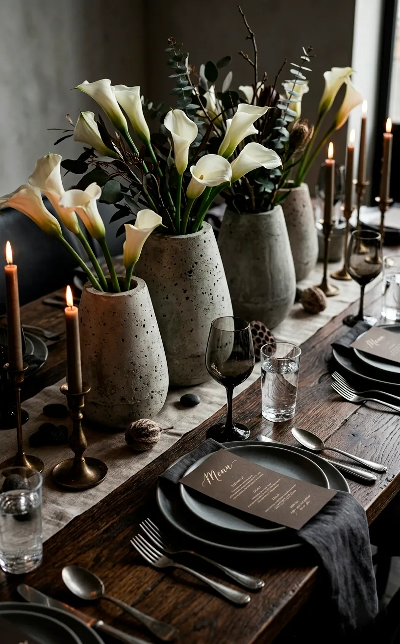 Hand-sculpted gray concrete vases with white lilies on a modern wedding dinner table.