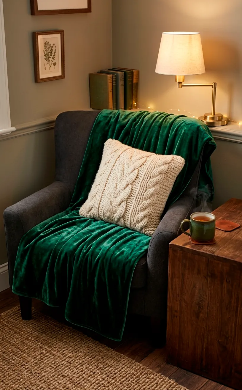 Emerald green velvet throw and chunky knit pillow on a dark armchair in a cozy corner.