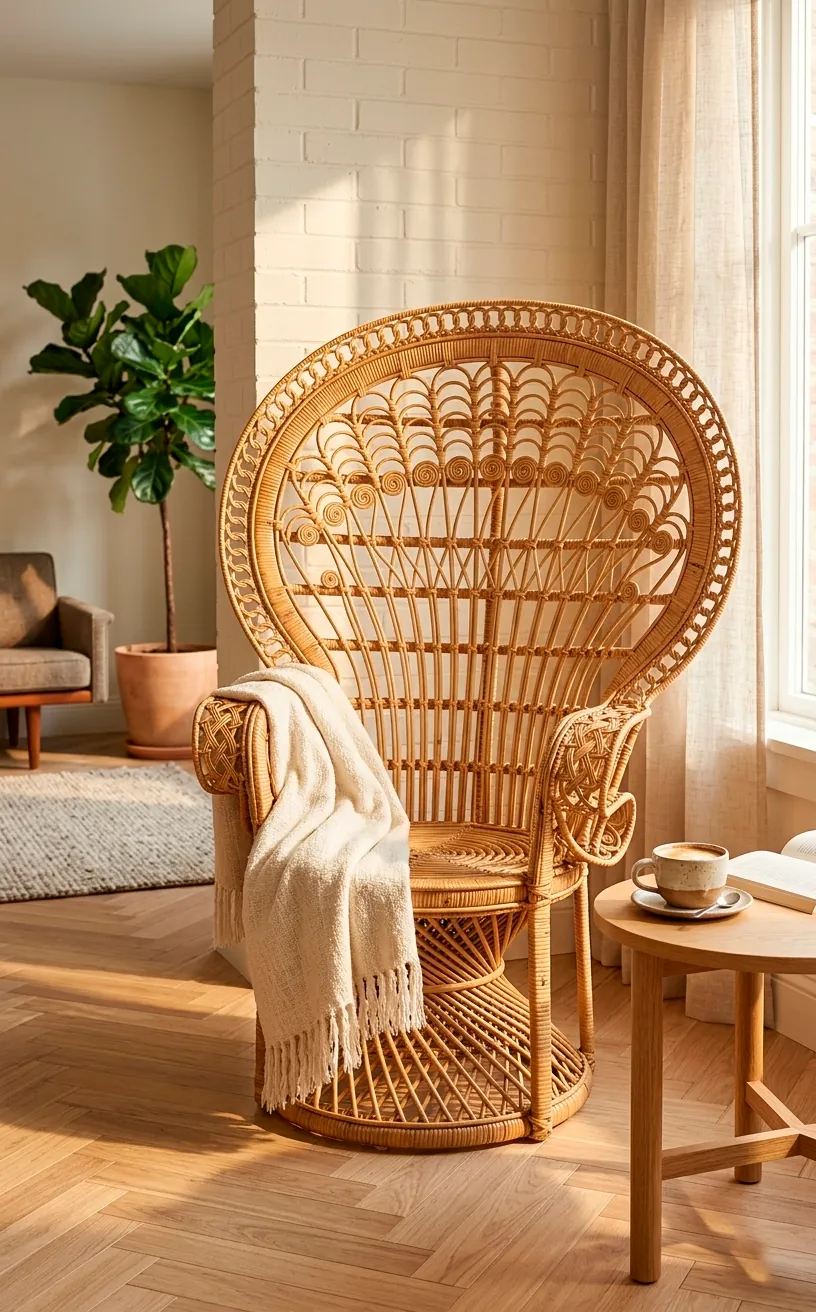 Elegant rattan accent chair with a cream throw blanket in a sunlit living room corner.