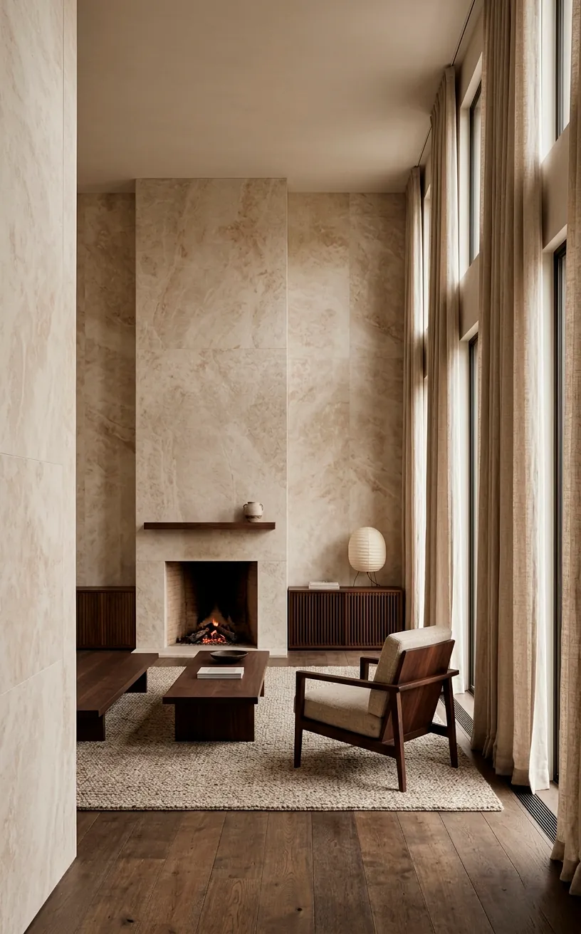 Sophisticated lounge with Alabaster white walls and walnut furniture.