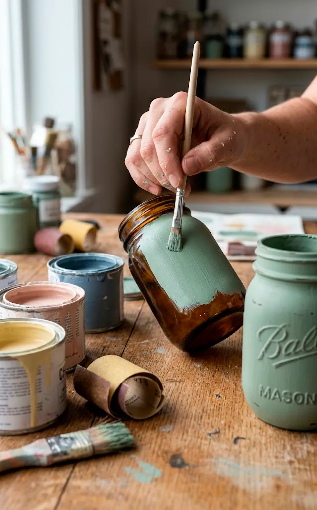 Hand painting a glass jar with sage green chalk paint for a vintage look.