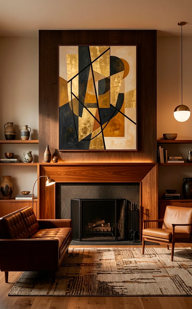Geometric abstract art with gold leaf accents over a wooden fireplace mantel.