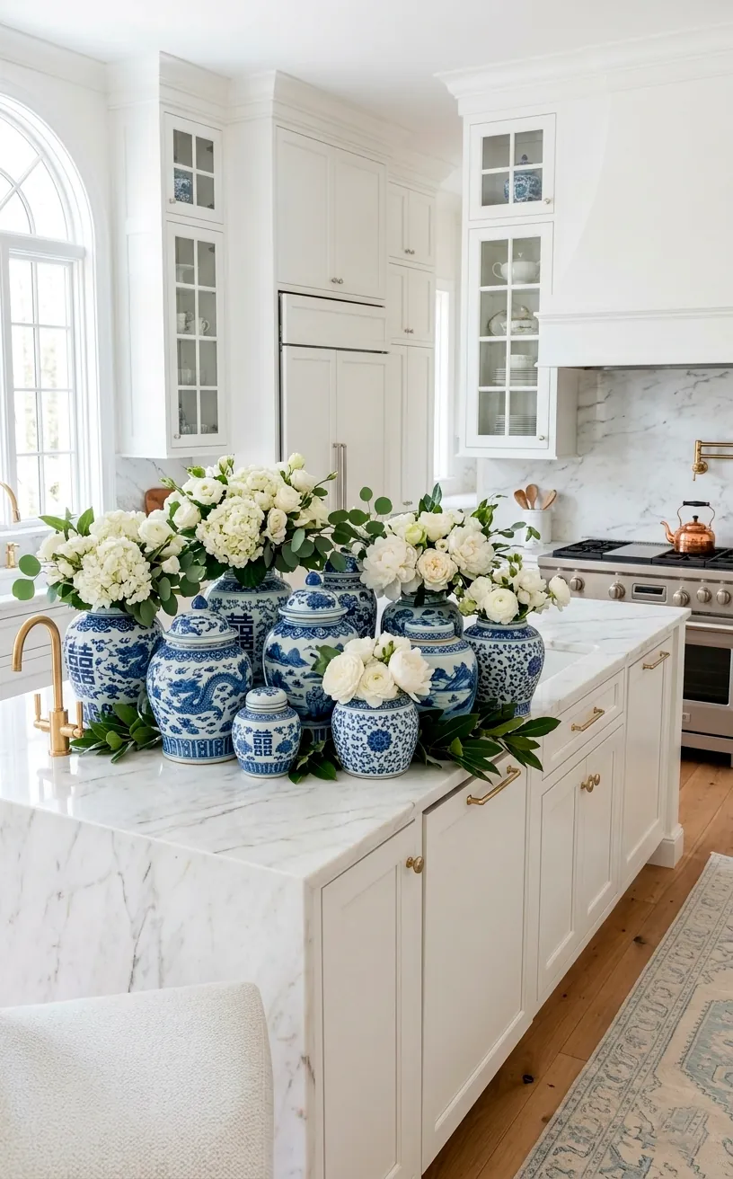 Traditional blue and white ginger jars arranged on a marble kitchen island with fresh flowers.