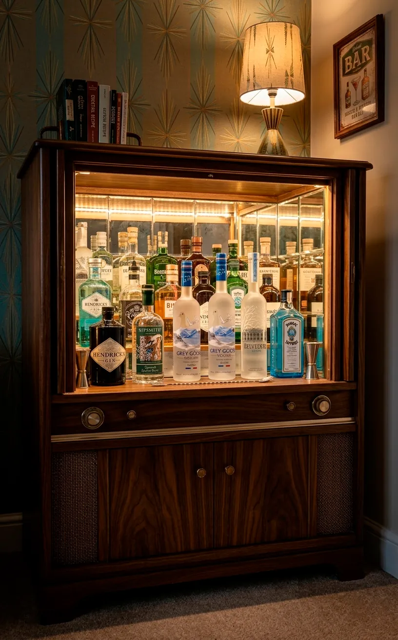 Upcycled 1960s TV console converted into a lit-up mini bar.