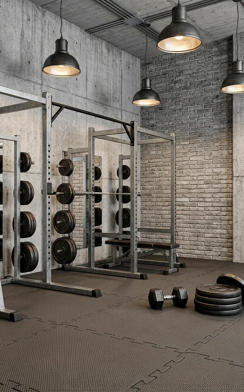 Industrial home gym design featuring raw concrete walls and galvanized steel weight racks.