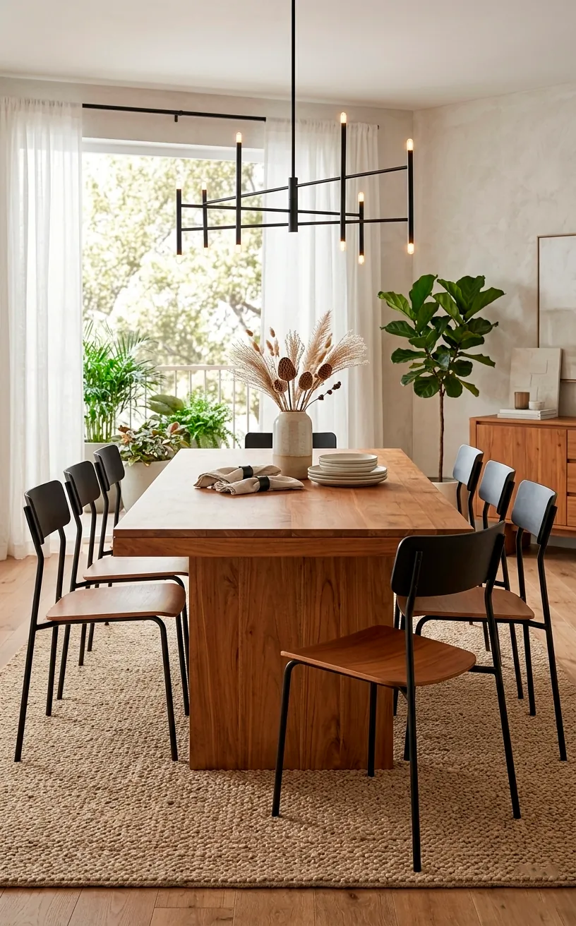 Teak dining table paired with matte black metal frame chairs and modern lighting.