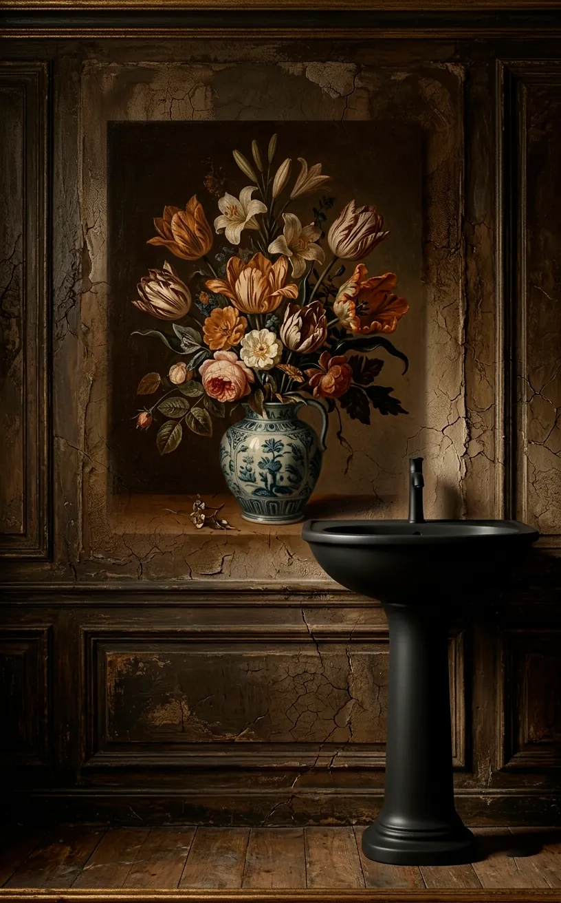 Dutch Master style floral wallpaper in a bathroom with a matte black pedestal sink.