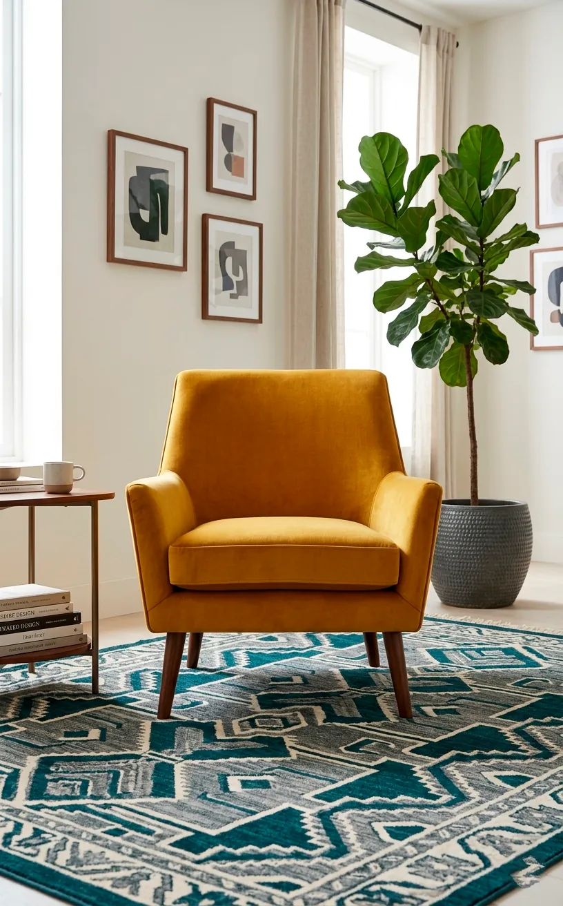 Mid-century modern mustard yellow armchair with wooden legs in a bright living room.