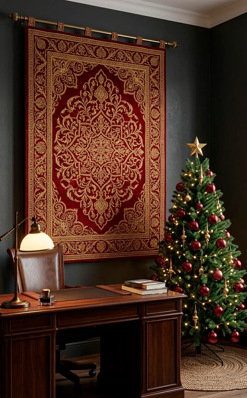 Ruby red and gold holiday tapestry hanging in a dark office with a decorated Christmas tree nearby.