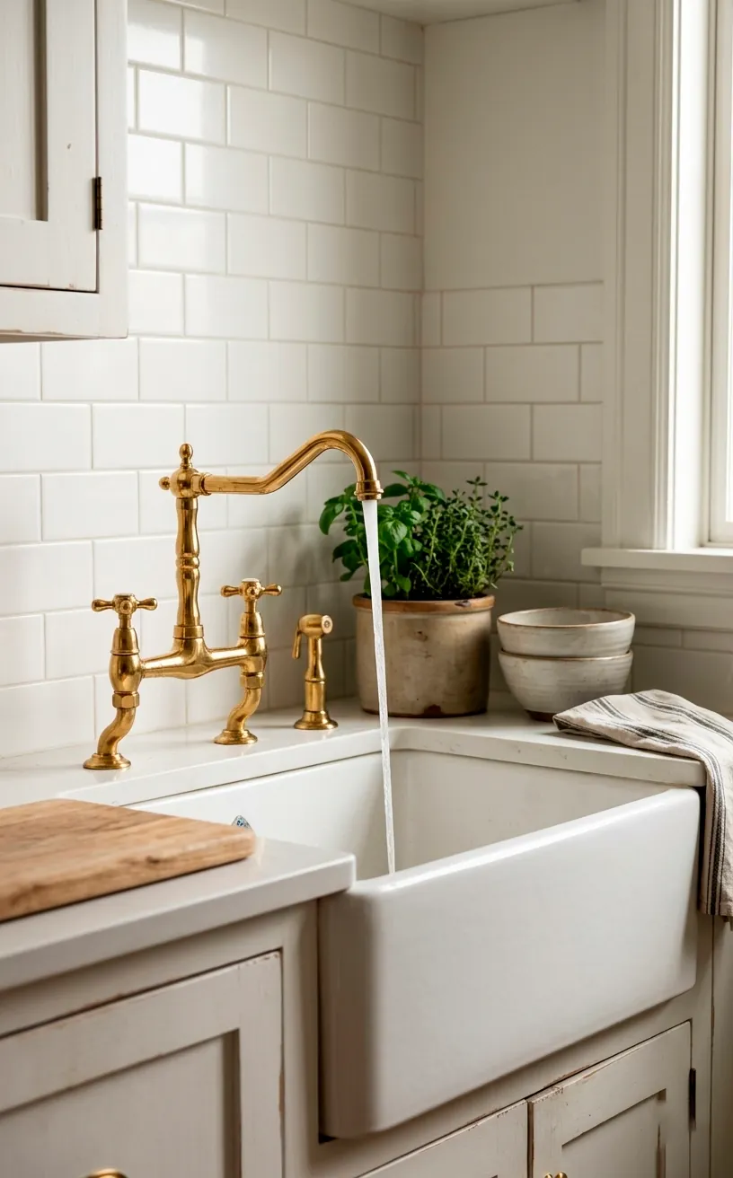 Polished brass bridge faucet on a white farmhouse sink with flowing water and subway tile.