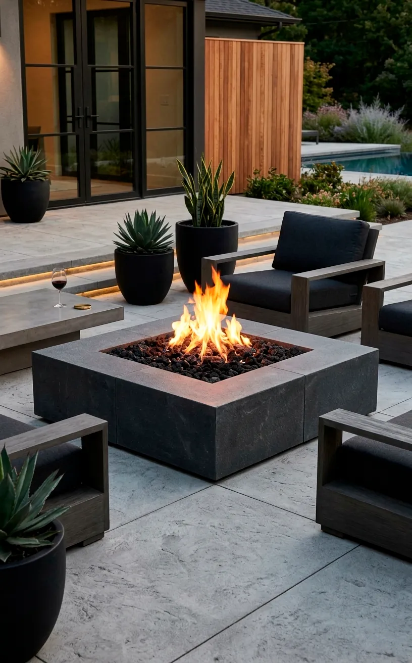 Minimalist square charcoal stone fire pit with orange flames and black lava rocks.