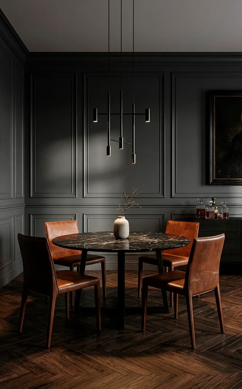 Sophisticated charcoal dining room with cognac leather chairs and marble table.