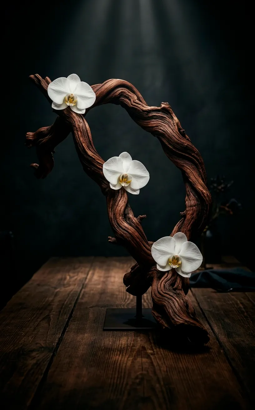 Minimalist manzanita branch centerpiece with white orchids on a wooden table.