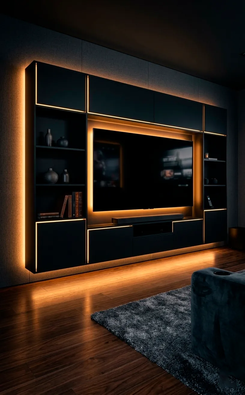 Matte black TV wall unit with warm LED backlighting in a dark moody living room.