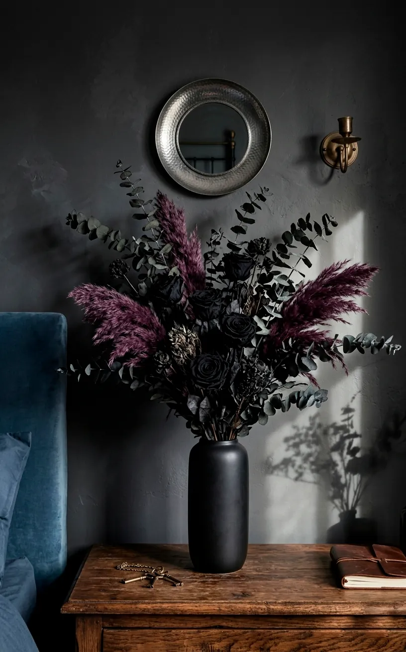 Tall matte black vase with dried dark eucalyptus and preserved purple roses.