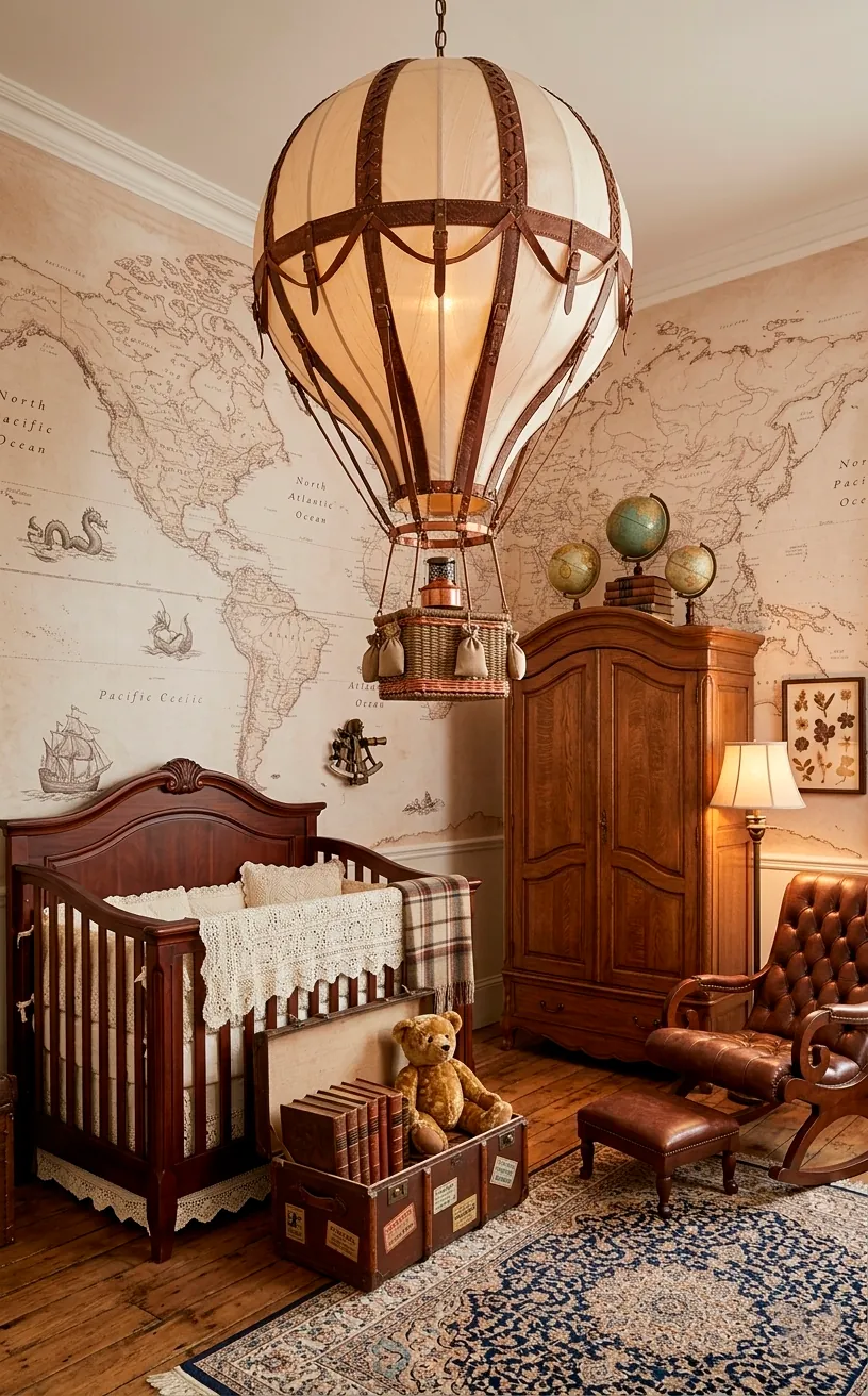 Bespoke silk hot air balloon chandelier in a vintage luxury nursery with a map mural.