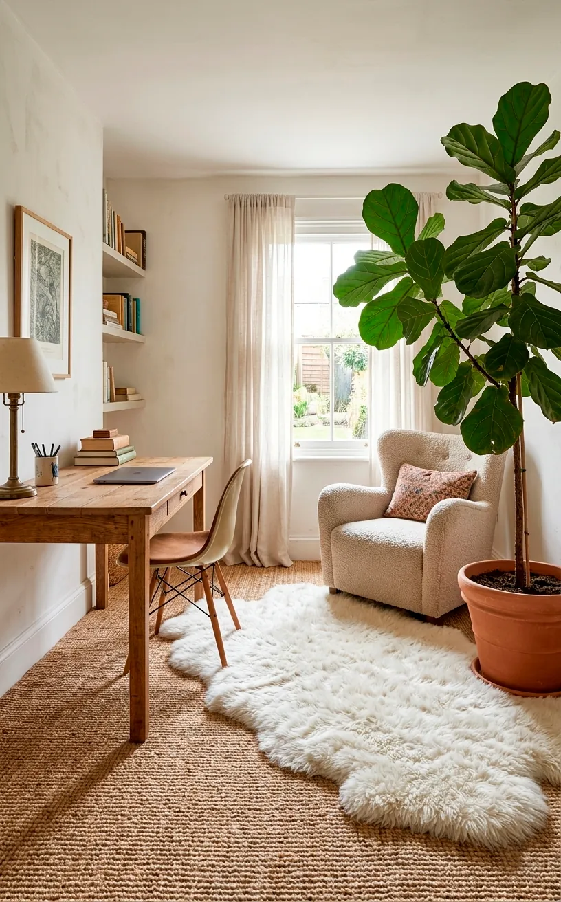 Layered jute and sheepskin rugs in a bright, modern home office.