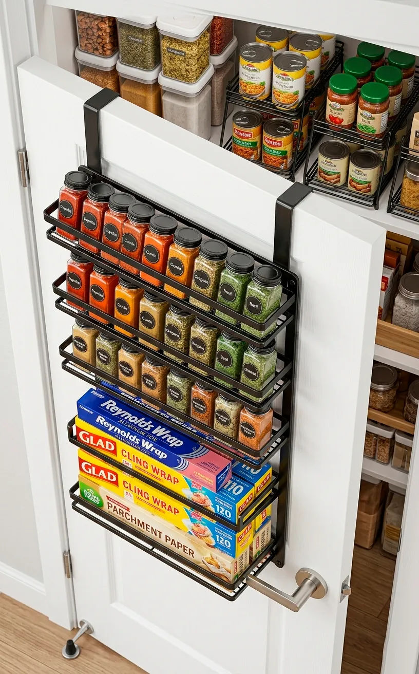 Over-the-door pantry organizer filled with spices and kitchen wraps.