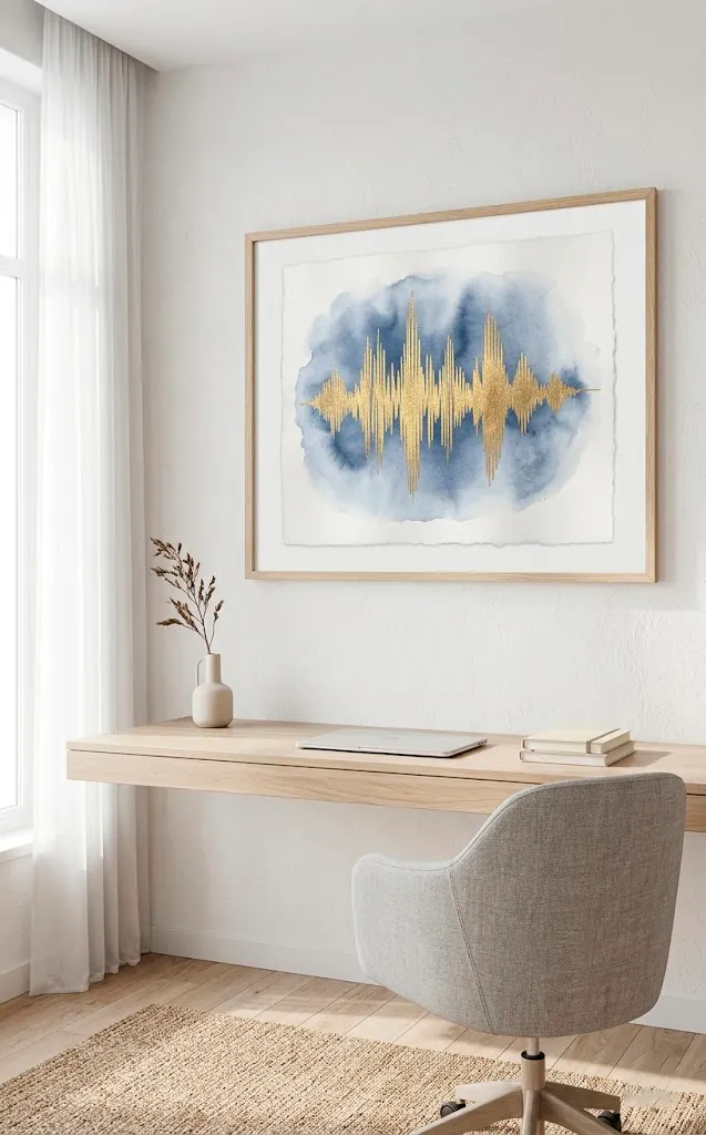 Minimalist soundwave art with gold ink on an indigo watercolor background in a home office.