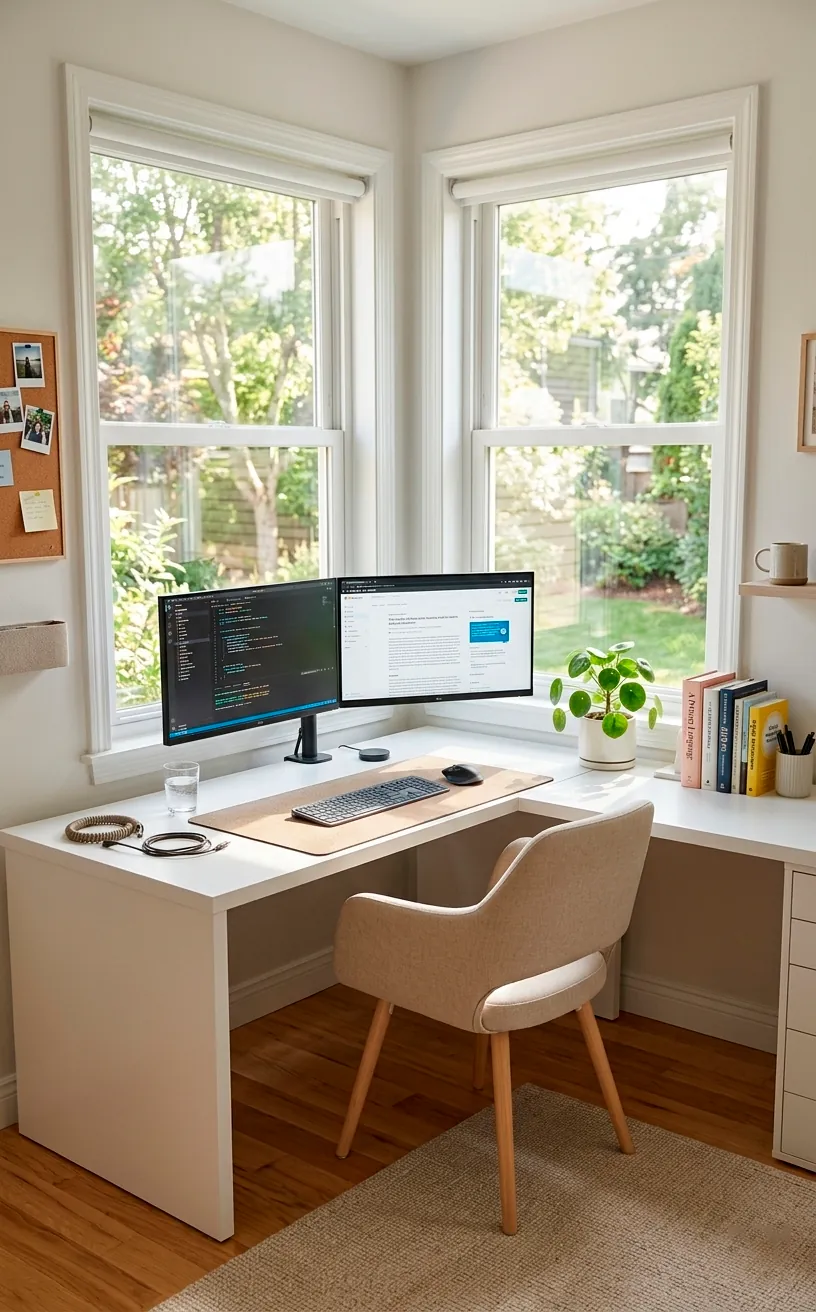 White L-shaped corner desk setup with dual monitors and an ergonomic chair near windows.