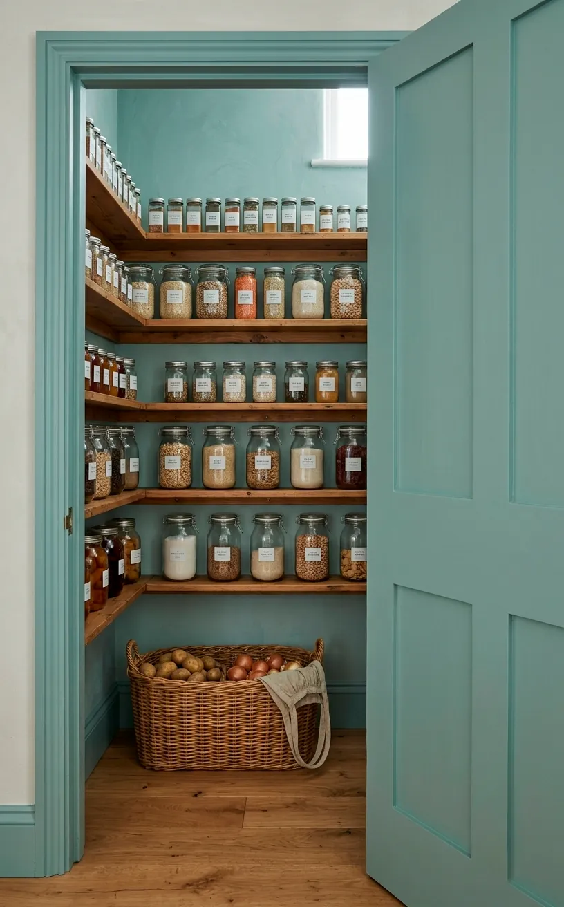 Muted seafoam blue kitchen pantry with rattan accents.