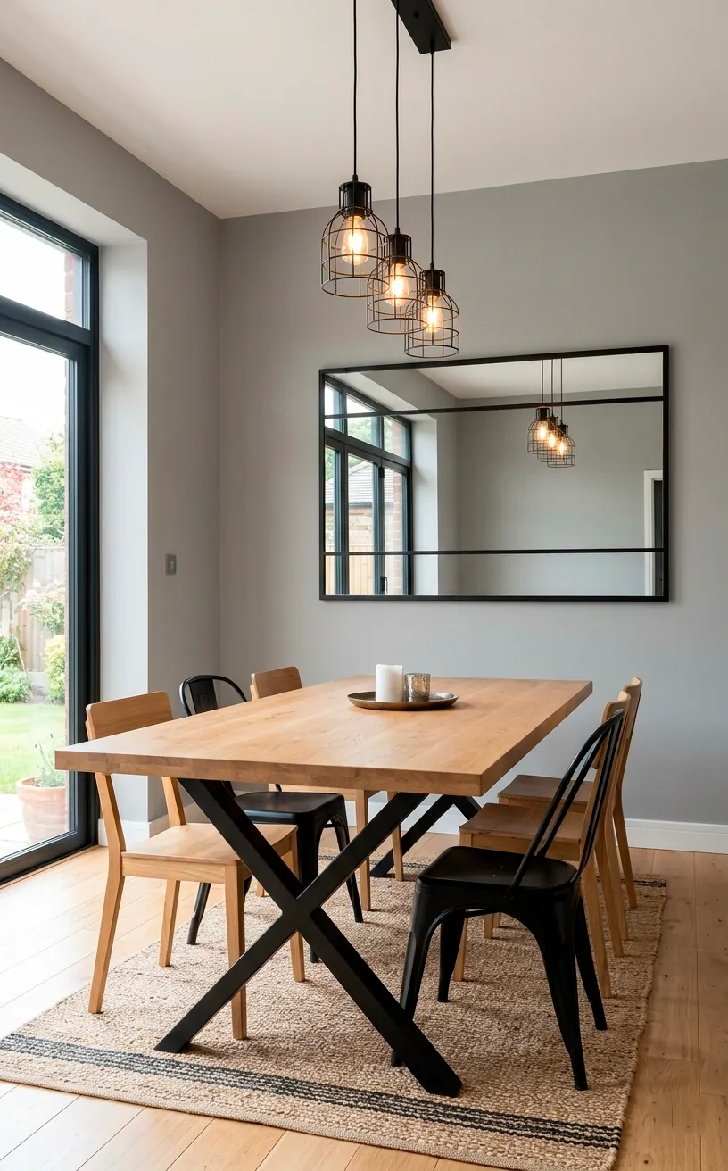 Modern farmhouse dining room with cool Repose Gray walls and industrial accents.