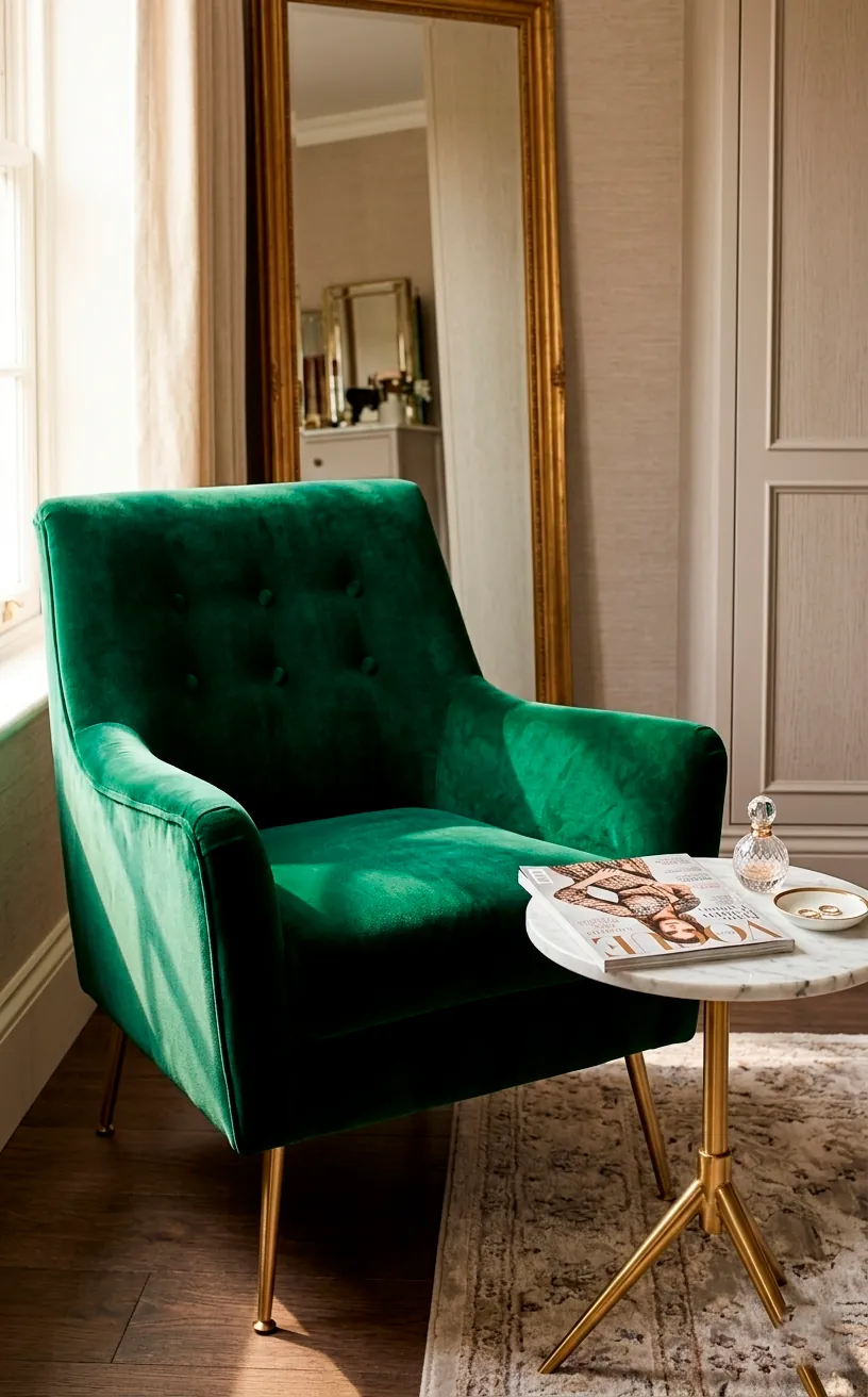 Emerald green velvet armchair with gold legs in a bright dressing room corner.