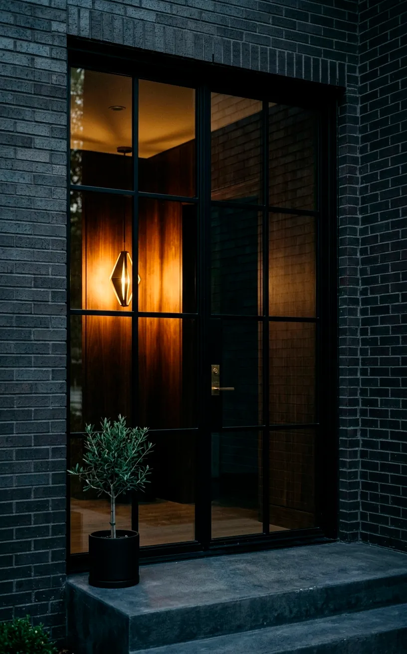Industrial style black steel grid glass entry doors with brick exterior at twilight.