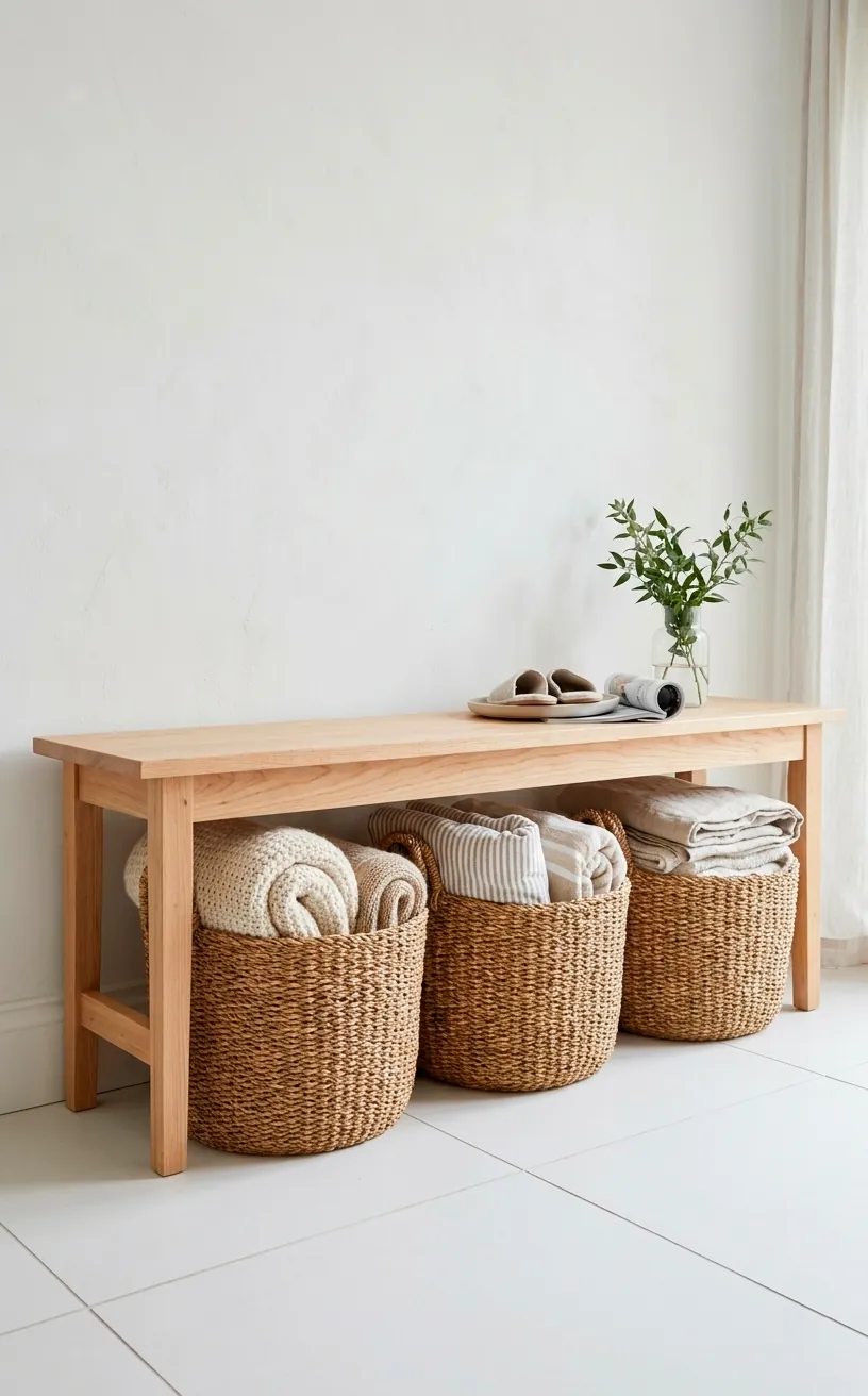 Three seagrass storage baskets under a wooden entryway bench.