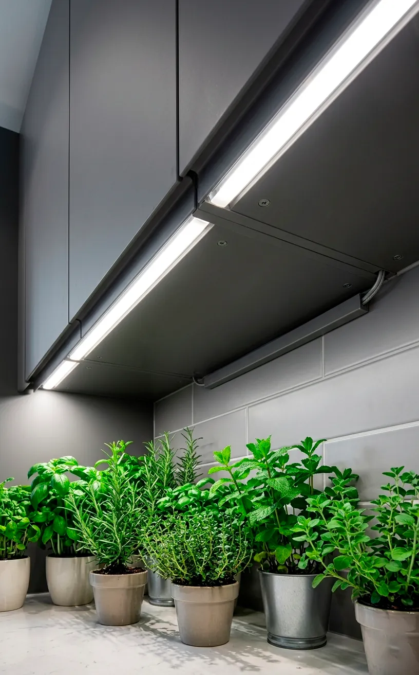 Undercabinet LED grow light strips illuminating a row of potted herbs on a kitchen countertop.