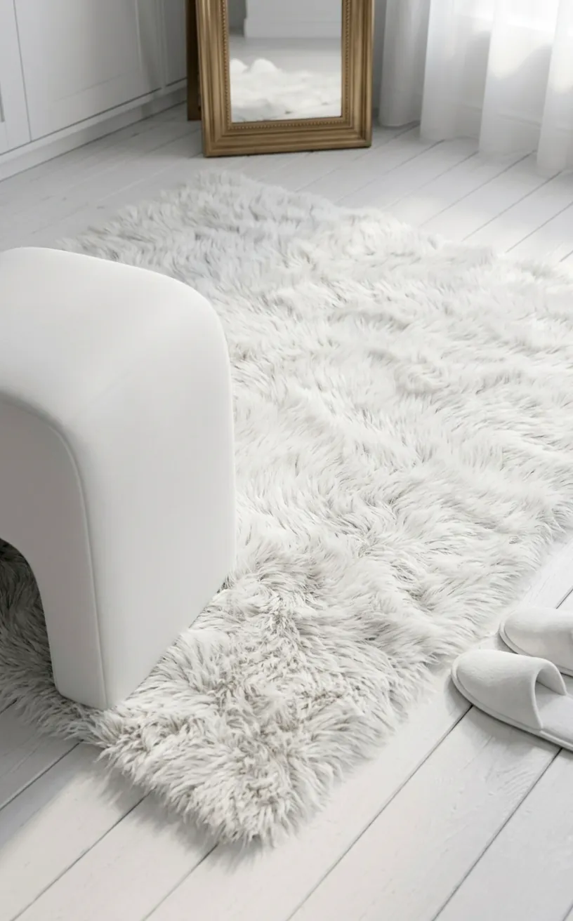 White faux fur rug and plush white ottoman in a textured monochrome dressing room.