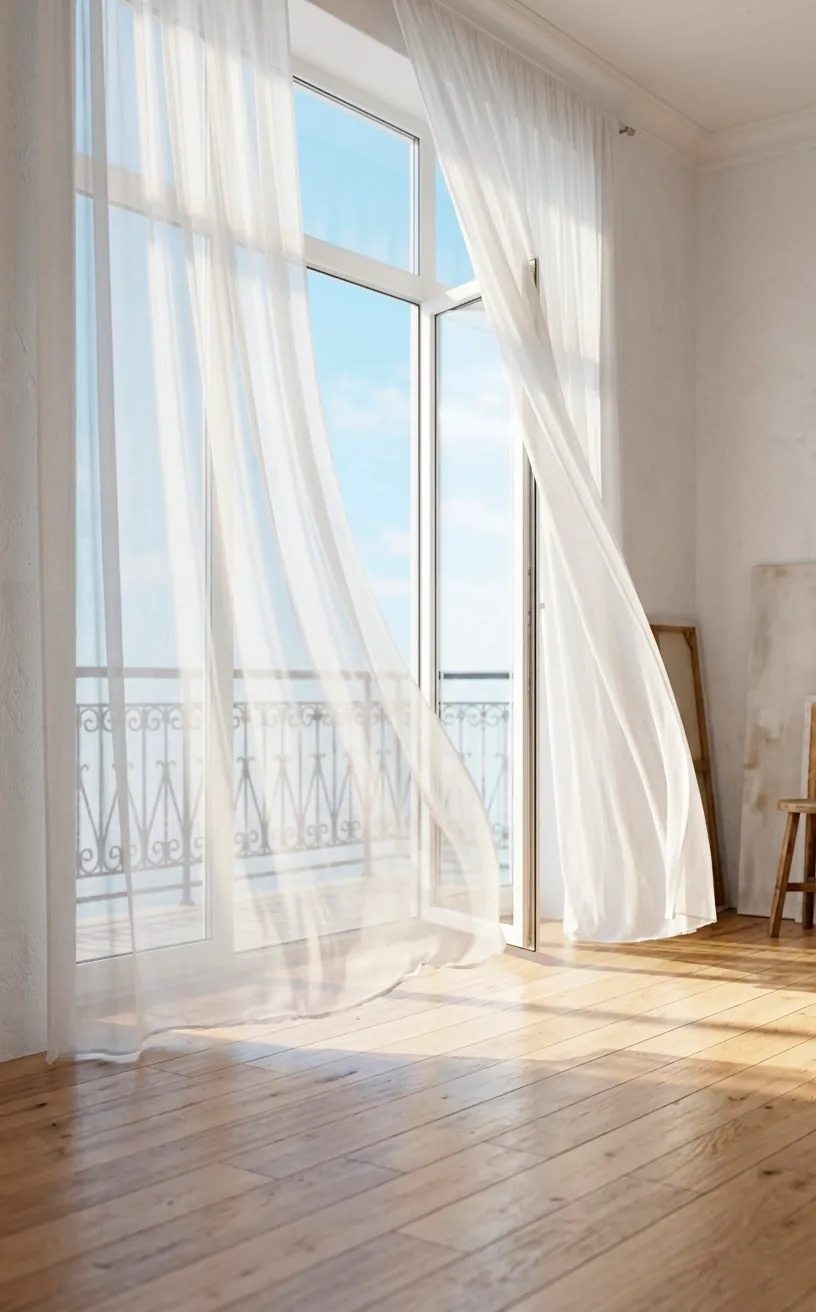 Sheer white linen curtains fluttering in a sunny studio apartment window.