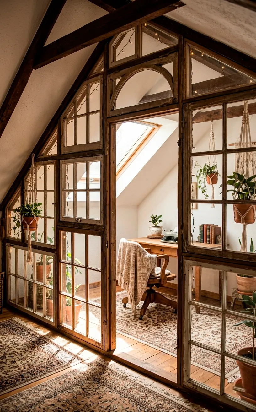 Creative room divider made from repurposed vintage window frames in a bright loft.