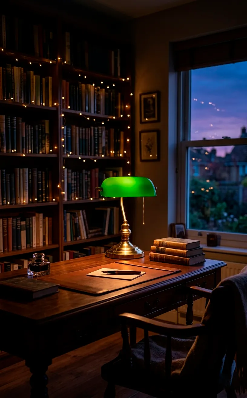 Atmospheric home office at night with a green banker's lamp glowing on a desk.