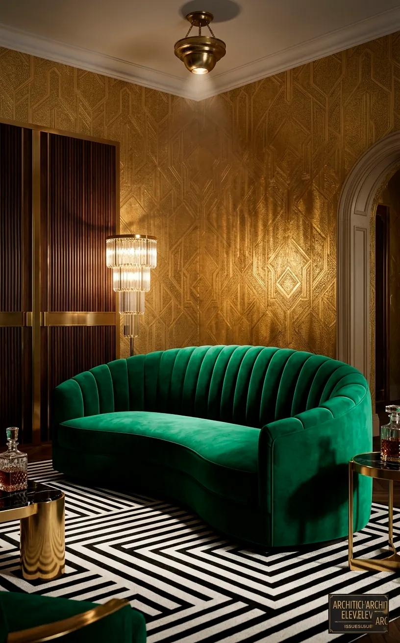 A luxurious curved emerald velvet sofa with channel tufting in an Art Deco style room.