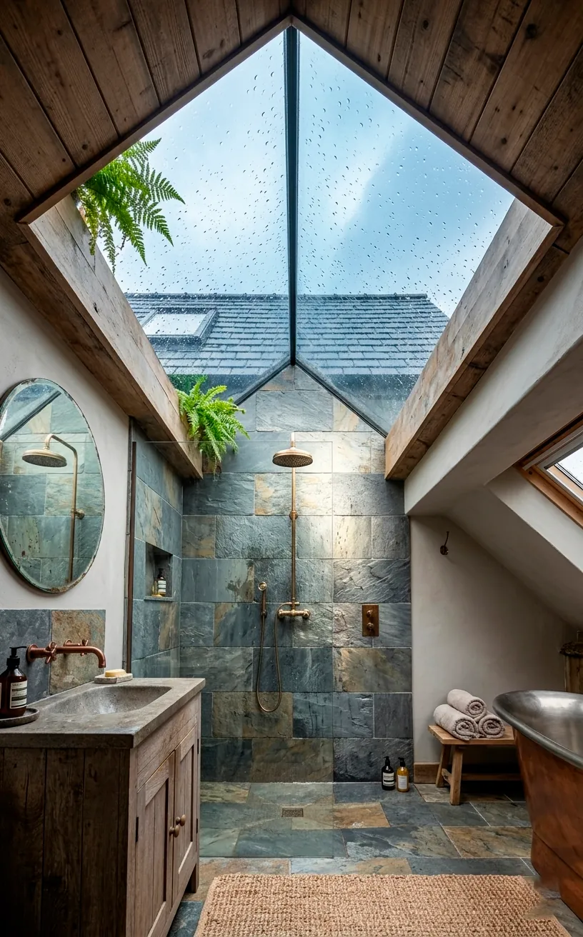 Large skylight in an attic bathroom roof providing bright natural light over a slate shower area.