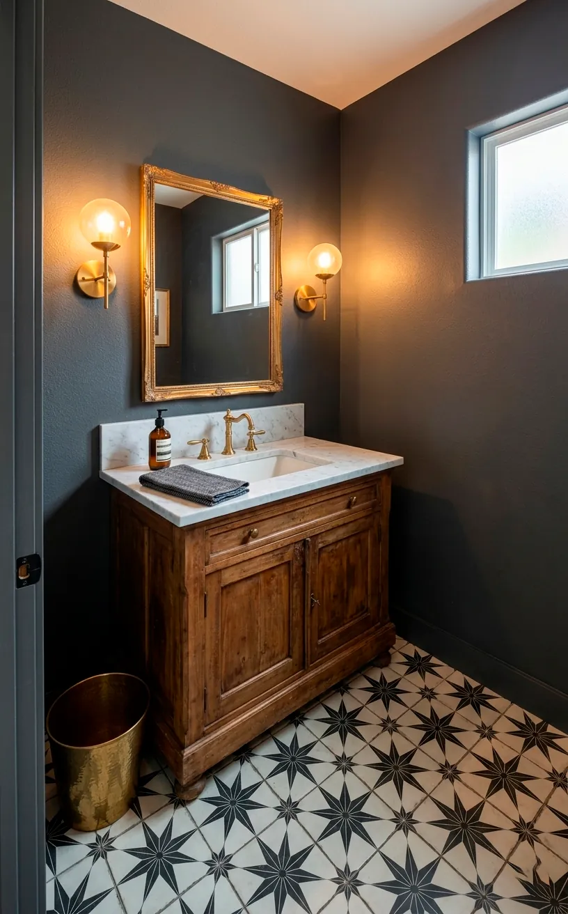 Black and white starburst encaustic tile floor in a bathroom with a vintage wood vanity.