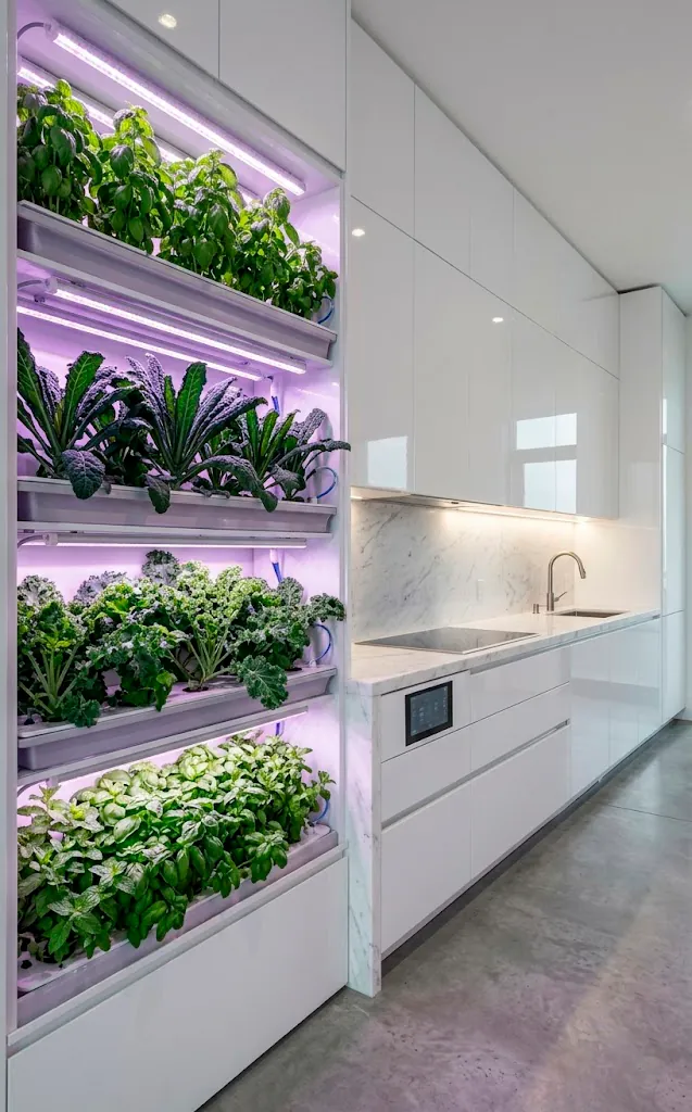 Modern kitchen with a built-in automated hydroponic vertical herb garden and grow lights.