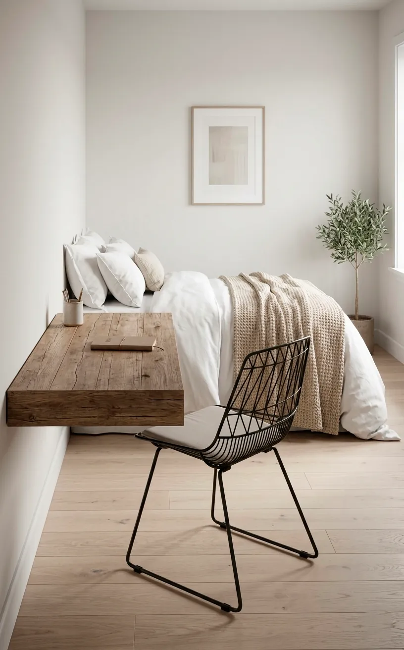A minimalist wall-mounted floating desk in a guest room, creating an airy and modern workspace.
