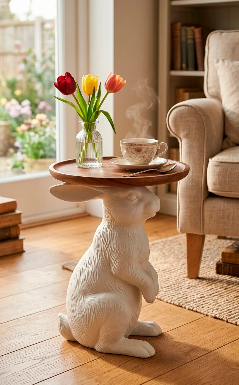 Matte white ceramic rabbit side table holding a tea cup and spring flowers.
