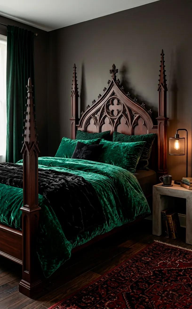 Gothic mahogany bed frame with emerald green velvet bedding and black fur throw.