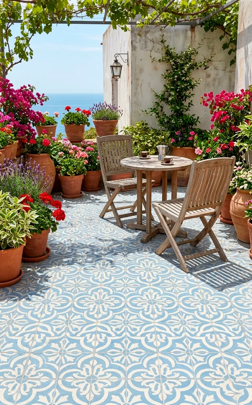 A bright patio with a stenciled Mediterranean tile pattern painted on the concrete floor.