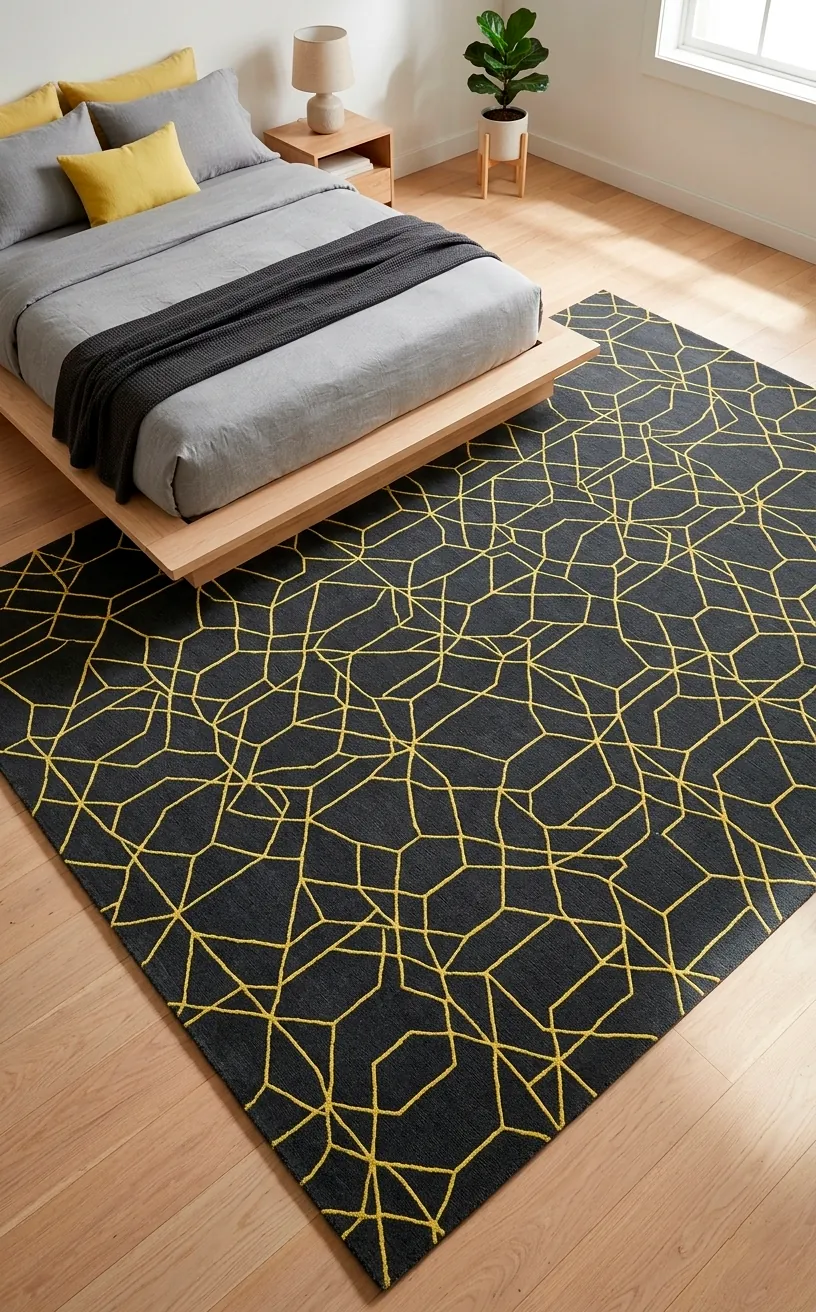 Large grey and yellow geometric area rug under a bed in a modern sun-filled bedroom.