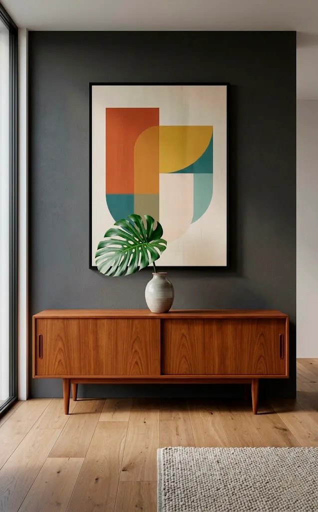 Exquisite vintage teak credenza against a dark grey wall in a minimalist living room.