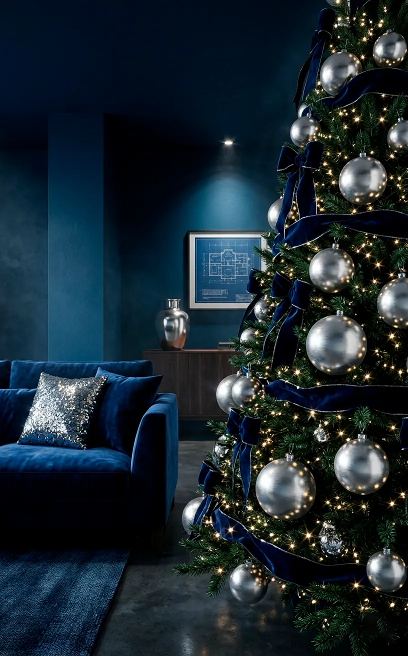 Midnight Sapphire and silver Christmas tree in a moody, luxurious modern living room setting.