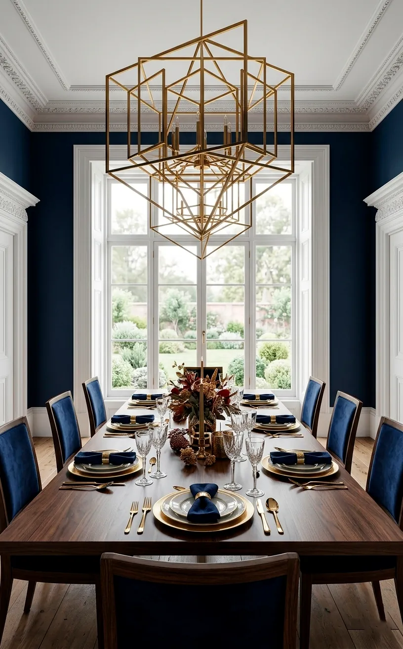Elegant navy blue dining room with gold chandelier and dark wood table.