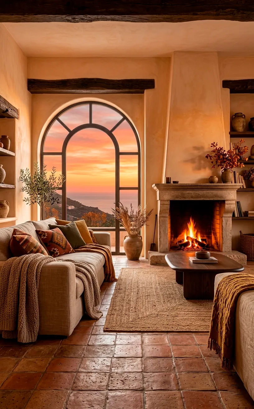 Luxury Mediterranean villa interior with terracotta floors and a stone fireplace at sunset.