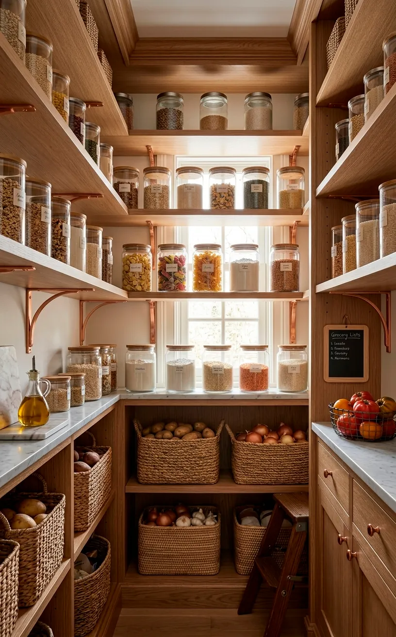 Stunning organized walk-in pantry with glass canisters and woven baskets in soft light.