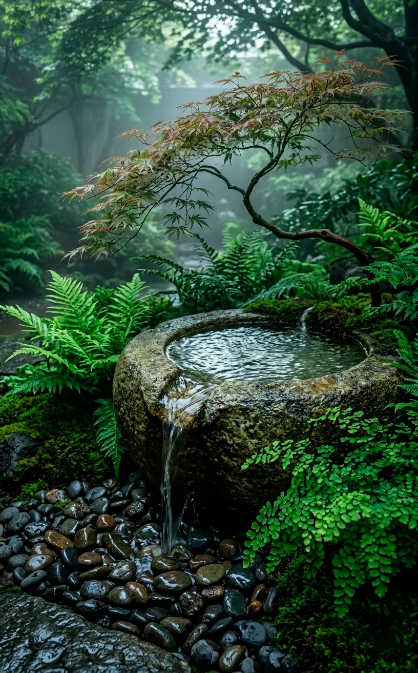 Establishing hero shot of a granite Zen water basin with overflowing water and lush ferns.