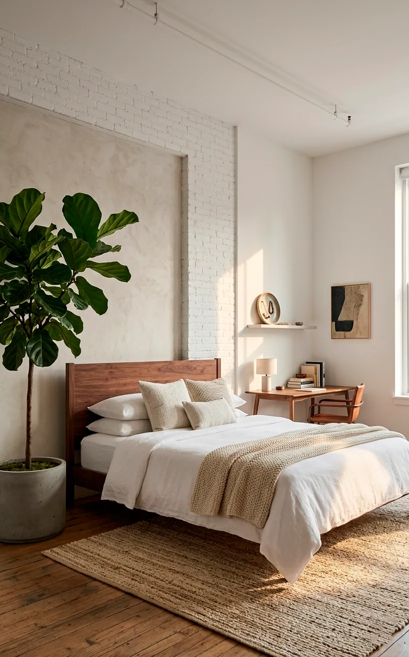 A modern studio bed in the Feng Shui command position with a solid headboard and plants.